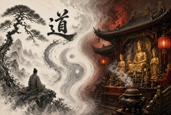Split illustration of Taoist philosophy versus Taoist religion showing serene mountains and scholar on the left, traditional temple and deities on the right