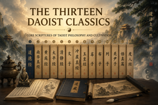 The Thirteen Daoist Classics displayed with traditional Chinese scriptures, scrolls, and Daoist imagery