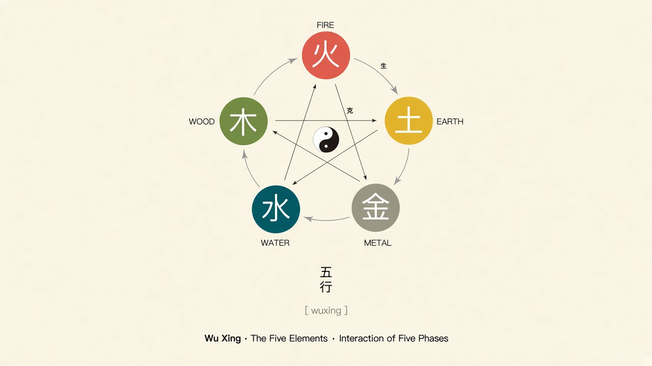 Wu Xing five elements diagram showing the generating and overcoming cycles of Wood, Fire, Earth, Metal and Water with yin-yang symbol in the center