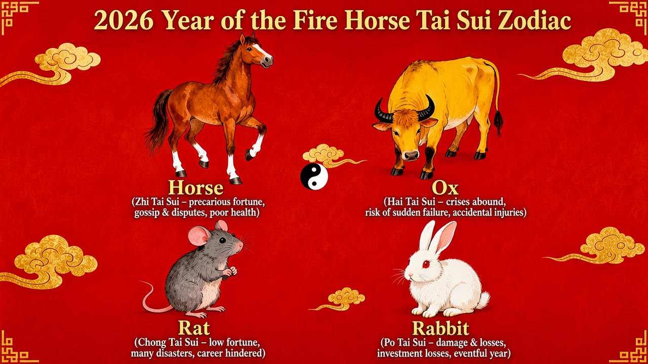 2026 Fire Horse Year Tai Sui chart showing Horse (Zhi Tai Sui), Ox (Hai Tai Sui), Rat (Chong Tai Sui) and Rabbit (Po Tai Sui) with fortune warnings on red traditional Chinese background