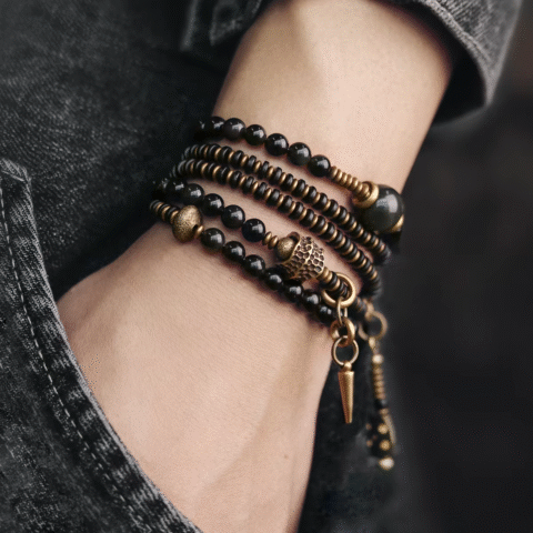 Vintage Floral Layered Obsidian Bracelet