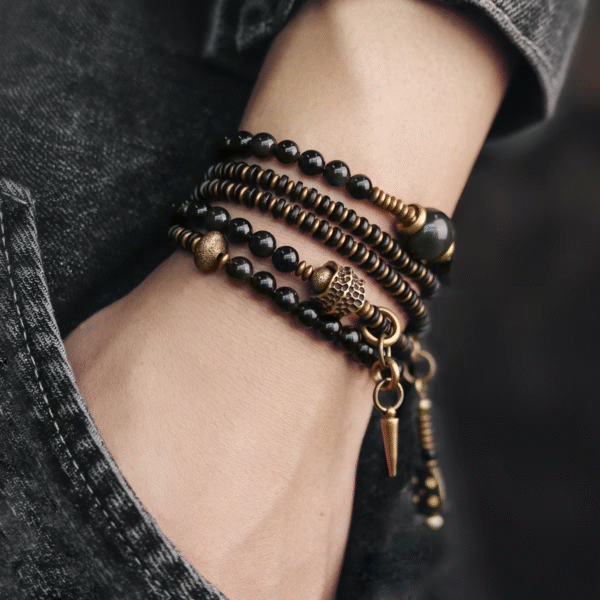 Vintage Floral Layered Obsidian Bracelet