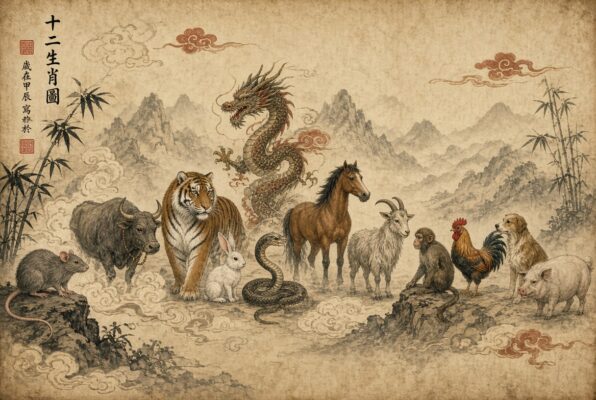 The 12 Chinese zodiac animals in the traditional Chinese zodiac cycle
