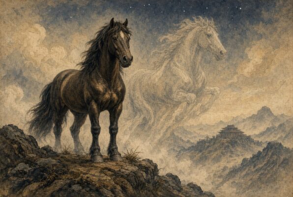 2026 Horse zodiac horoscope in a traditional Chinese ink landscape