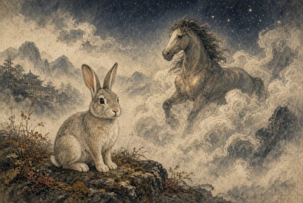 Symbolic Chinese astrology artwork showing a rabbit and a horse in a misty mountain landscape under the stars, illustrating the Mao-Wu break in the 2026 Fire Horse year.