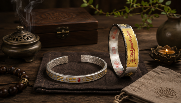 Taoist ritual implements with prayer beads and an obsidian bracelet