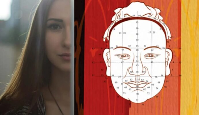 Split image showing a modern woman's portrait alongside a traditional Chinese face reading (Mian Xiang) map with numbered facial points for fortune analysis.