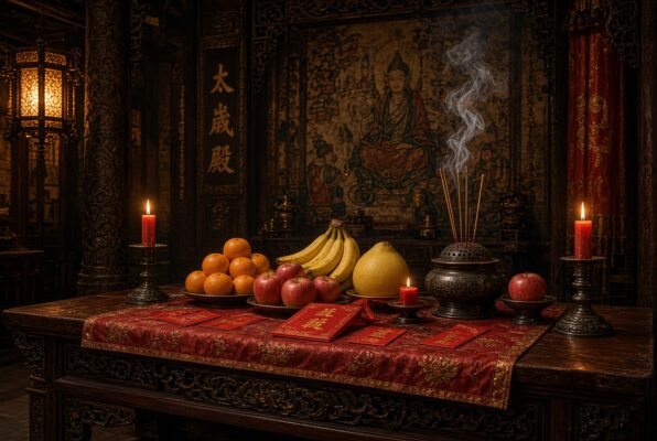 Traditional Tai Sui worship altar with incense, fruit offerings, and red paper for appeasing the guardian deity of the year