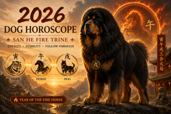 2026 Dog Horoscope featuring a Tibetan Mastiff and the San He Fire Trine