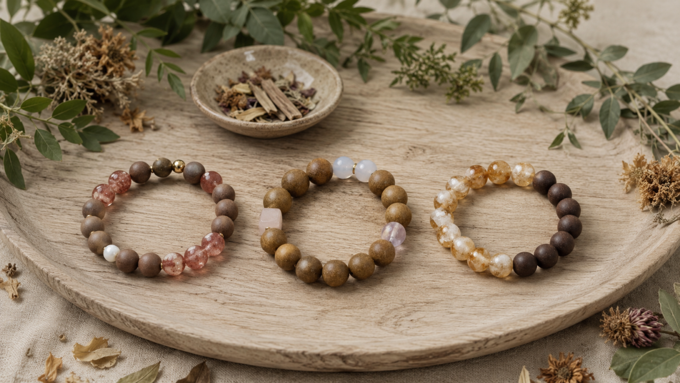 Three Chinese herbal bracelets with brown botanical beads and colorful crystals displayed on wood beside a clay teapot.