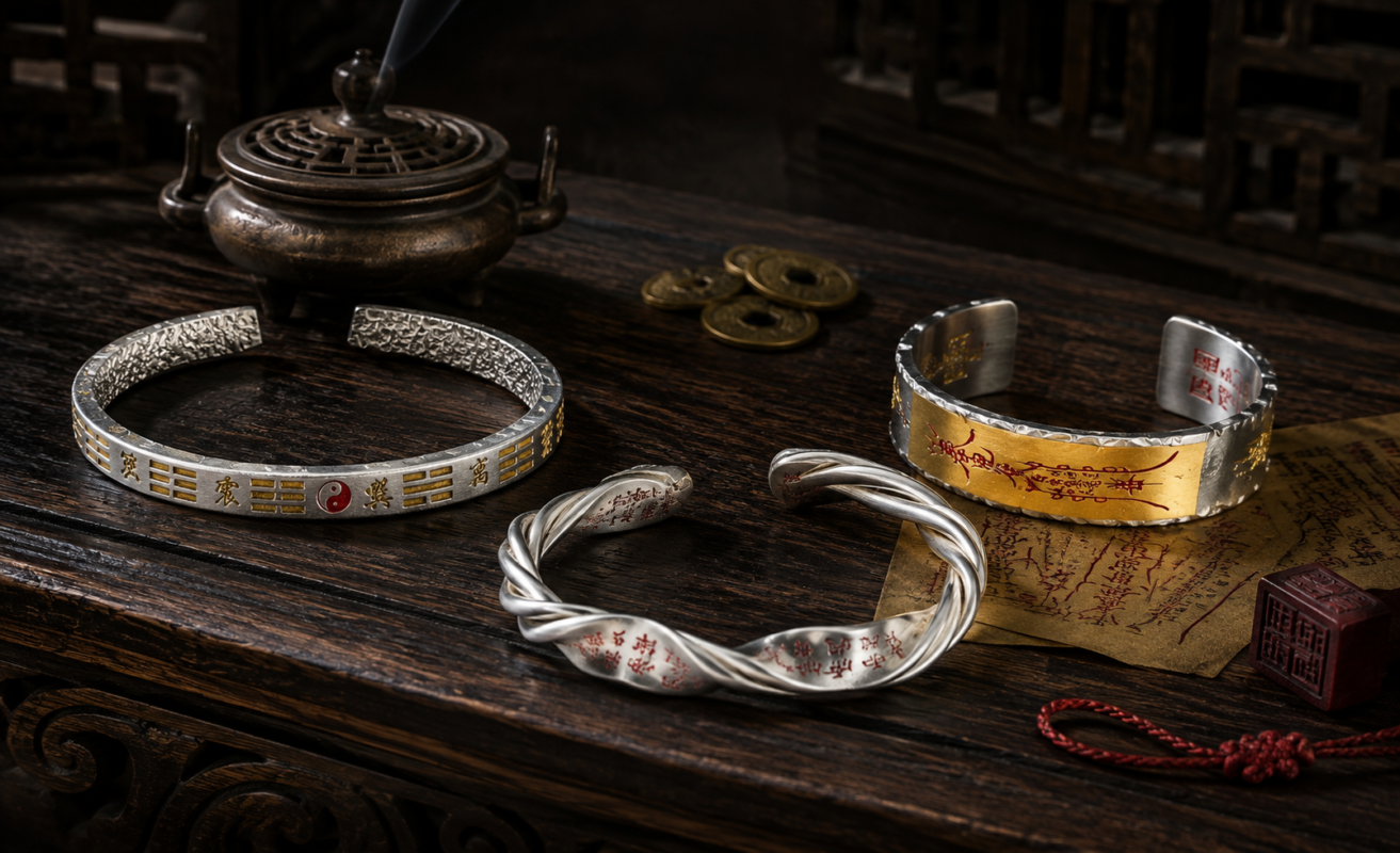 Handcrafted silver Taoist amulet bracelets with Bagua and talisman designs