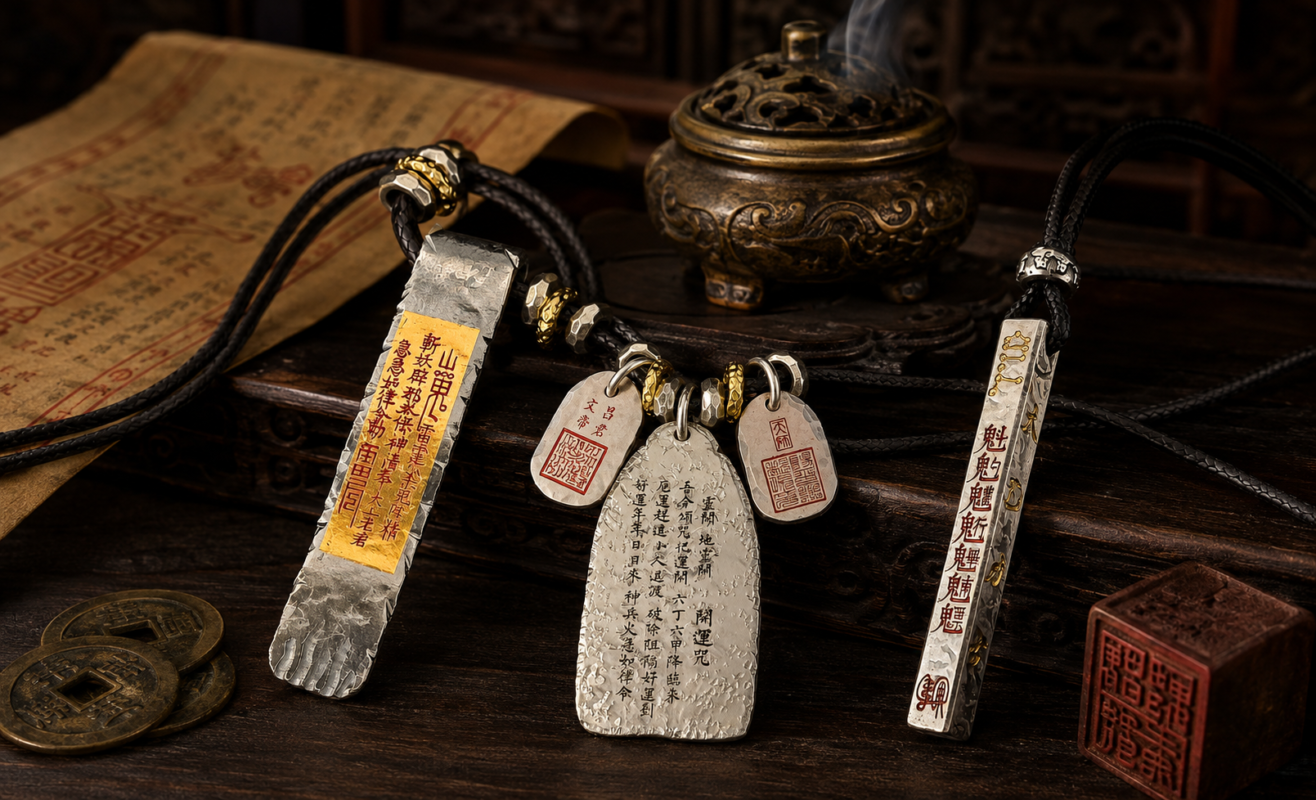 Handcrafted silver Taoist amulet pendants with talisman engravings