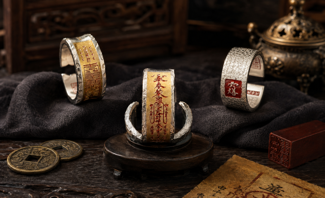 Handcrafted silver Taoist ritual rings with gold talismans and red seal designs