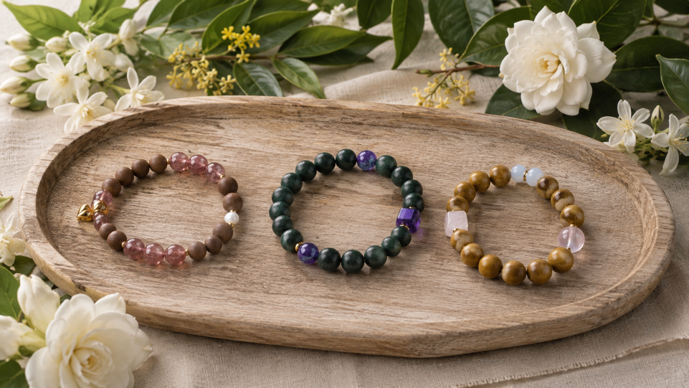 Three floral herbal bracelets with brown, green, and golden beads displayed on a wooden tray surrounded by flowers and leaves.