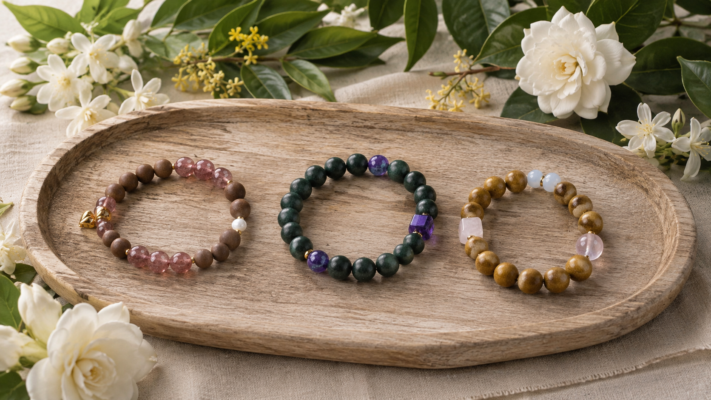 Three floral herbal bracelets with brown, green, and golden beads displayed on a wooden tray surrounded by flowers and leaves.