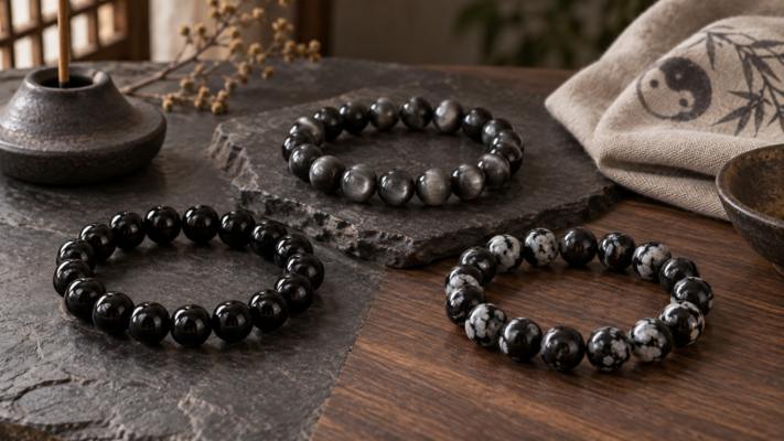 Black, silver-sheen, and contrasting obsidian bead bracelets displayed on dark stone and warm wood.
