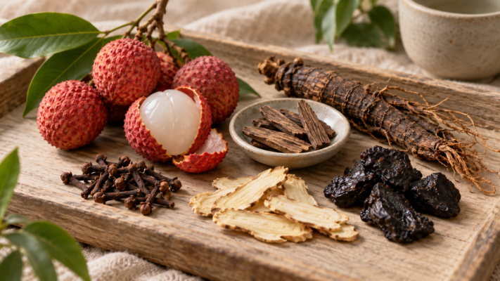 Lychee and botanical ingredients used in the Feizi Xiao herbal bracelet