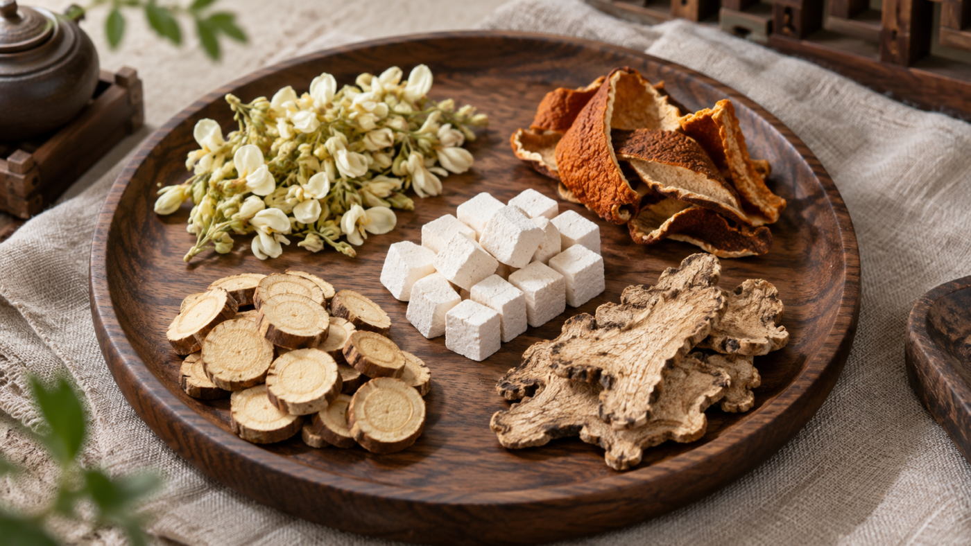 Sophora flower, aged tangerine peel, poria, licorice root, and atractylodes for the Five Elements herbal bracelet