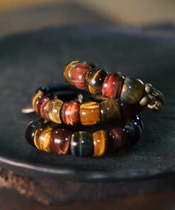 Stacked display of Fu Mo Yun Lei multicolor tiger eye bracelets