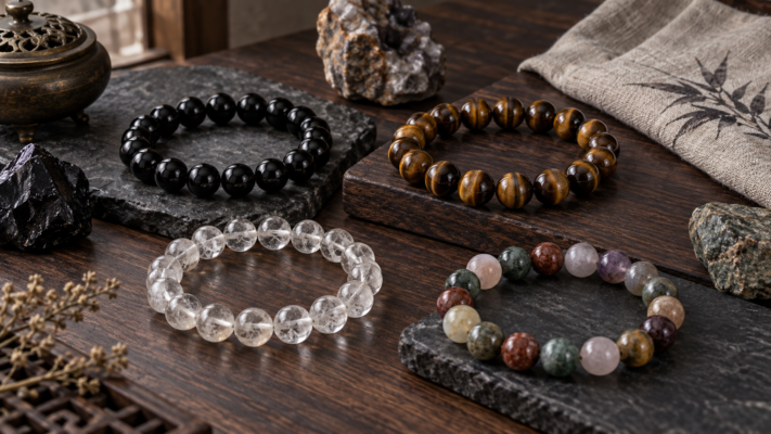 Four gemstone bracelets made with black obsidian, tiger’s eye, clear quartz, and mixed natural stones displayed on wood and dark stone.