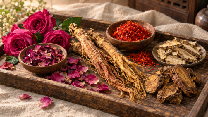 Rose, red ginseng, safflower, rhodiola, and rhubarb used in the Madam Huarui herbal bracelet
