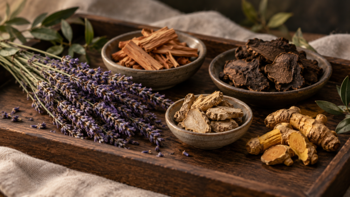 Lavender, sandalwood, and botanical ingredients used in the Meng Ling Xiang herbal bracelet