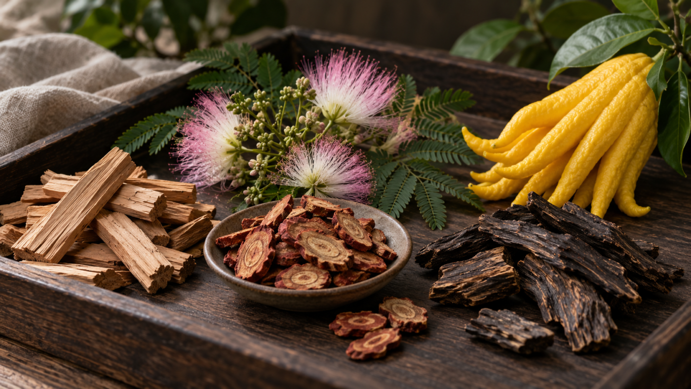 Sandalwood, albizia flower, Salvia miltiorrhiza, agarwood, and finger citron used in the Qinglin Sui bracelet