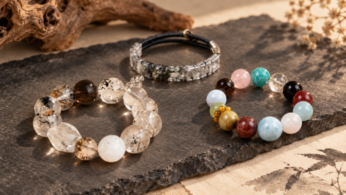 Three quartz bracelet designs displayed on a dark stone surface