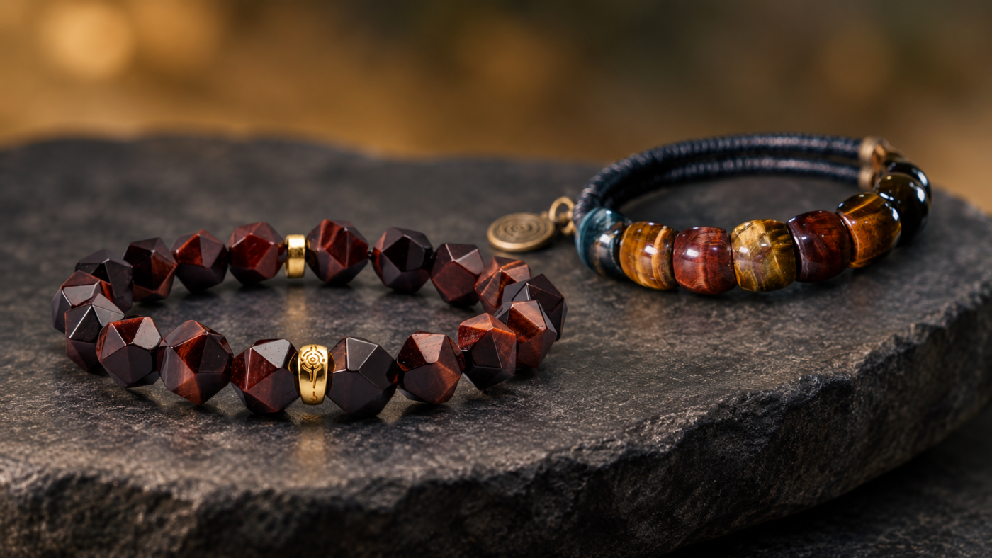 Faceted red tiger eye bracelet and multicolor tiger eye cord bracelet displayed on a dark stone surface