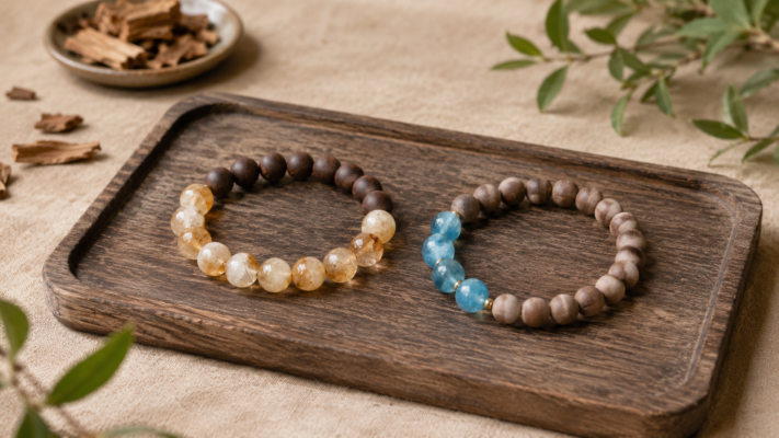 Two herbal bead bracelets with golden and blue stones on a wooden tray, surrounded by wood chips and green leaves.