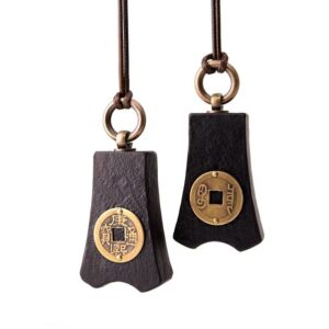 Bao Pu Qian (Embracing Simplicity Coin) Pendant — two dark pendant necklaces with round coin motifs on white