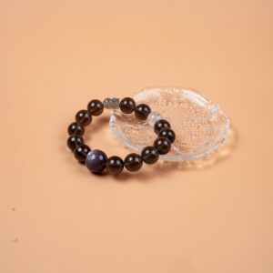 Chinese Zodiac Horse Bracelet — brown bead bracelet resting on a clear dish