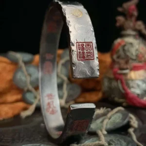 Five Gods of Wealth 999 Silver & Gold Bracelet — open cuff showing a square red marking beside a figurine