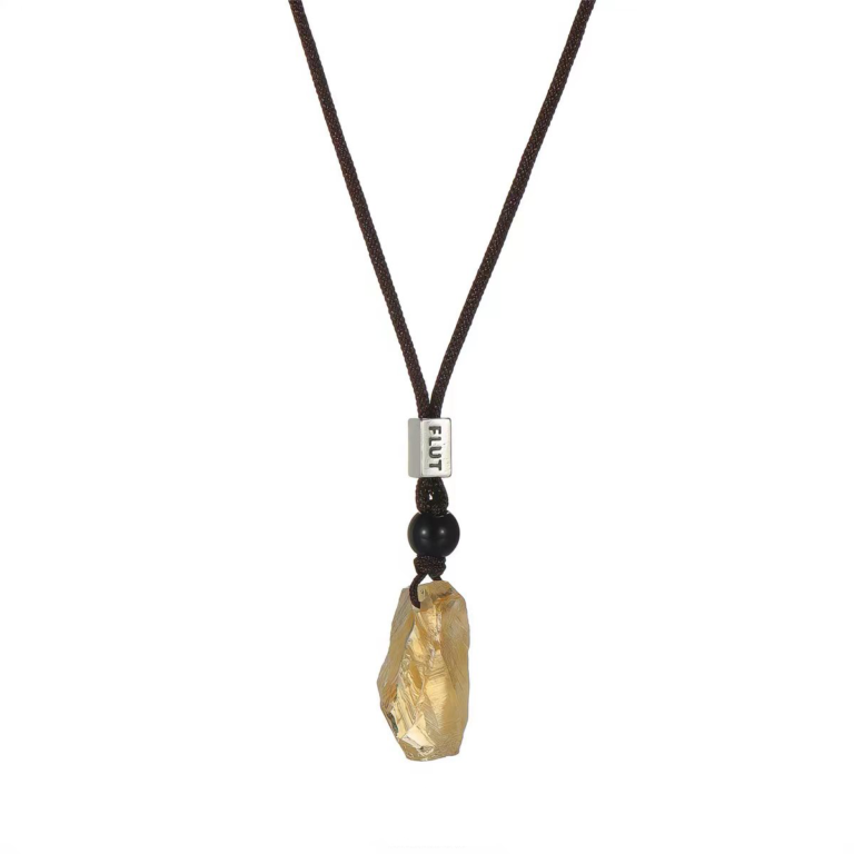 Golden Light Citrine Pendant Necklace — yellow translucent pendant on a dark cord against white