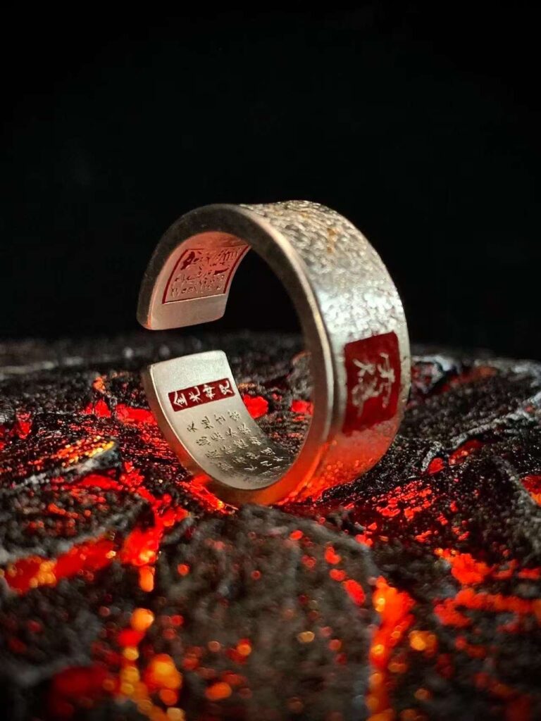Golden Light Mantra 999 Silver Ring — open ring showing its inner inscription