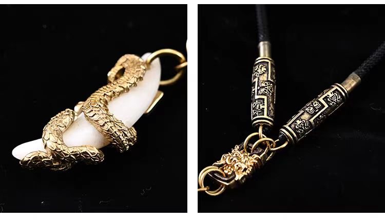 Golden Snake & Fang Pendant — two-panel detail view of the pendant and cord fittings
