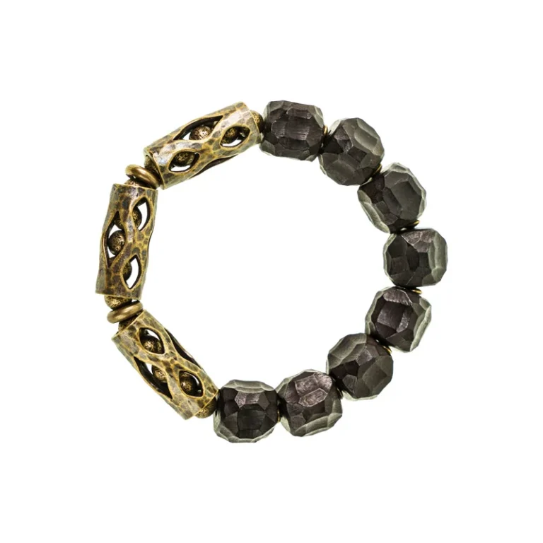 Hunyuan Panjie Style A bracelet with dark faceted beads and elongated openwork links on white