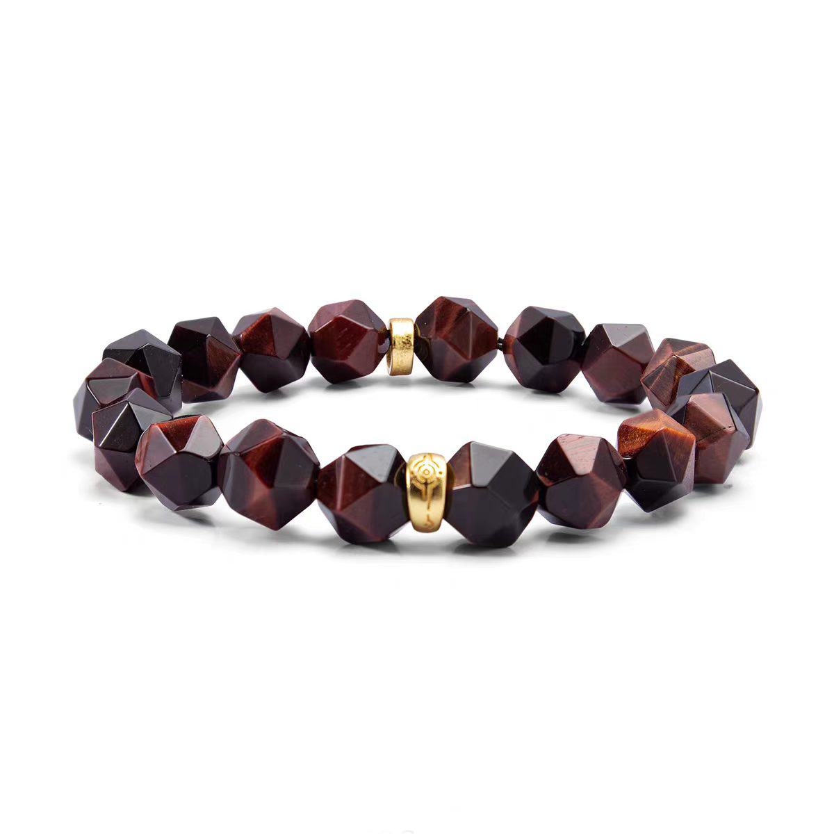 Red Tiger’s Eye & Silver Bracelet — faceted dark reddish bead bracelet on a white background