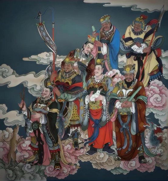 Painted robed figures holding weapons among clouds