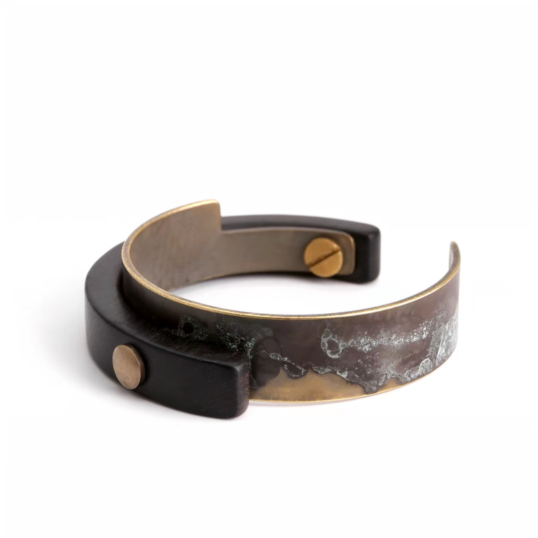 Tai Su Xuan Mu open cuff bracelet made with mottled brass and ebony wood