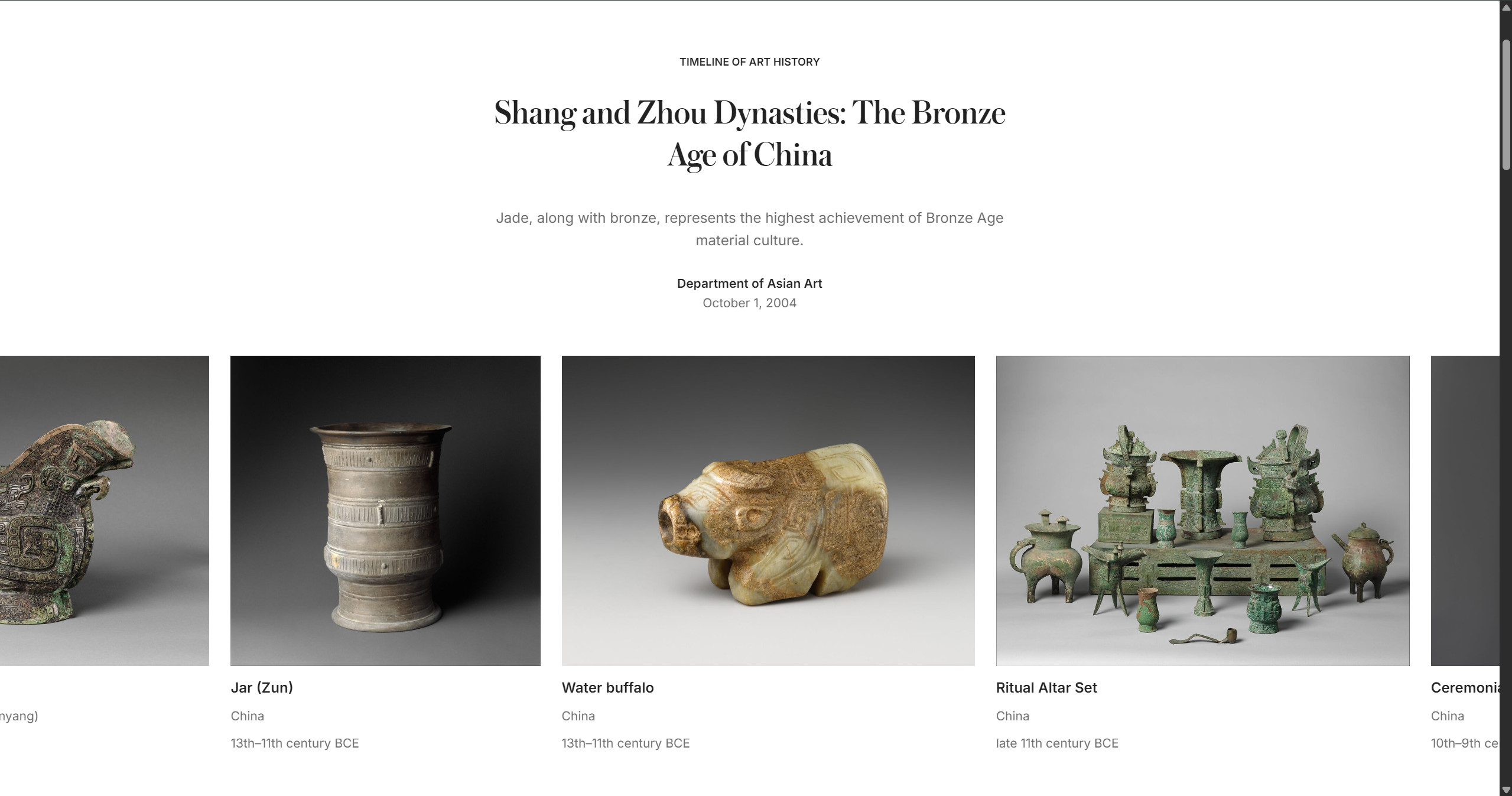 Screenshot of a museum page about Shang and Zhou bronze objects