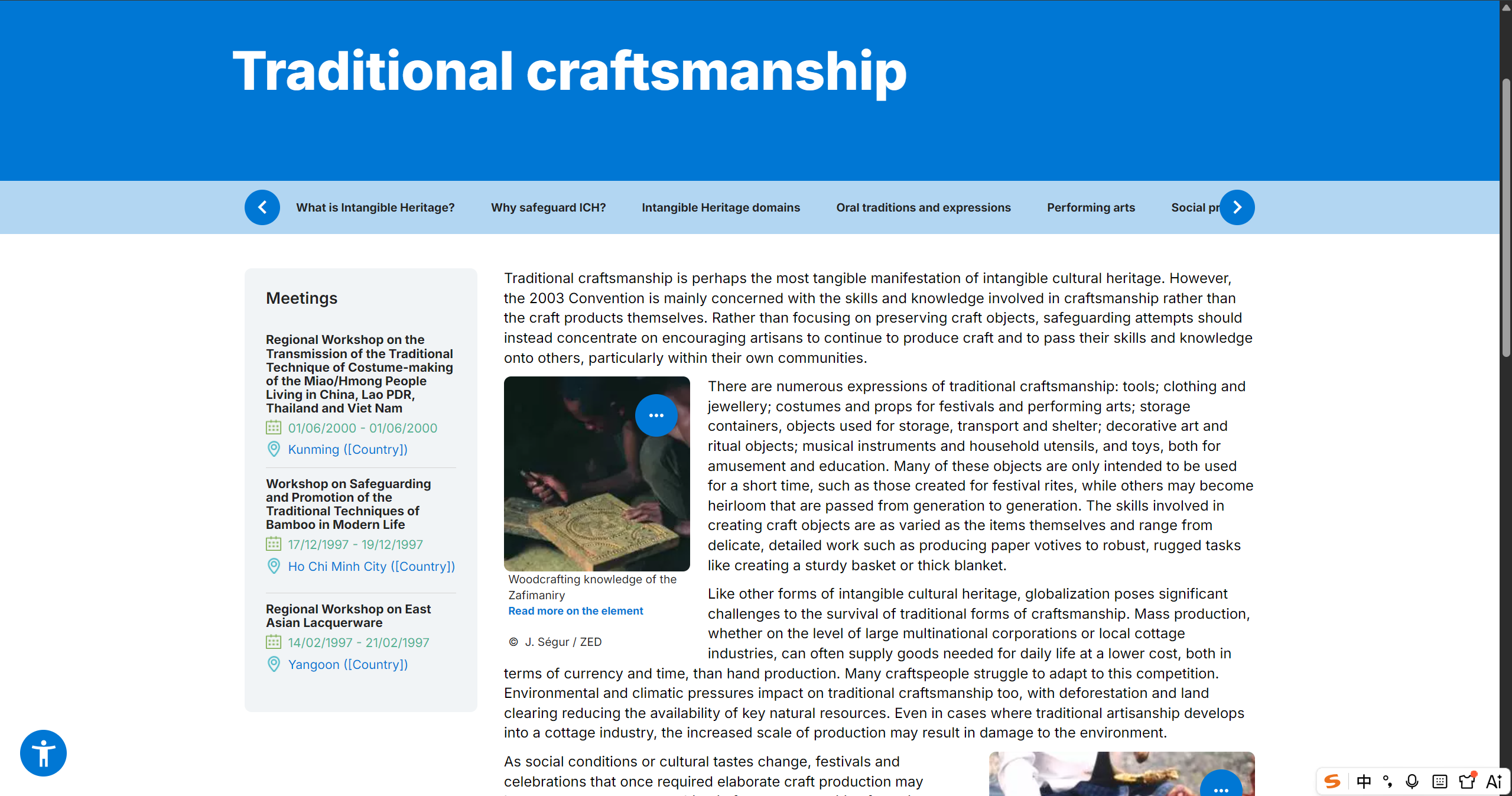 Screenshot of UNESCO's Traditional Craftsmanship webpage