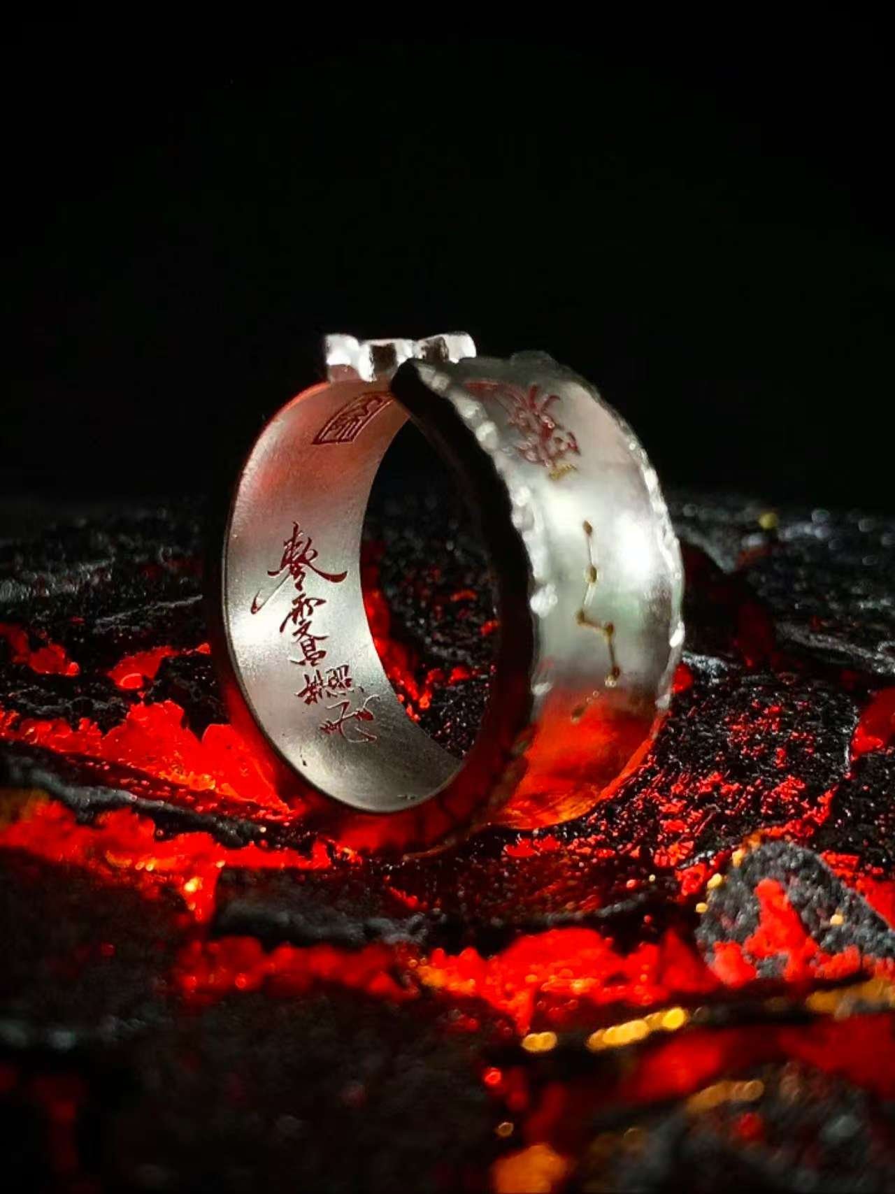 Wenchang Emperor 999 Silver Gilded Ring — open ring showing its gap and inner symbols