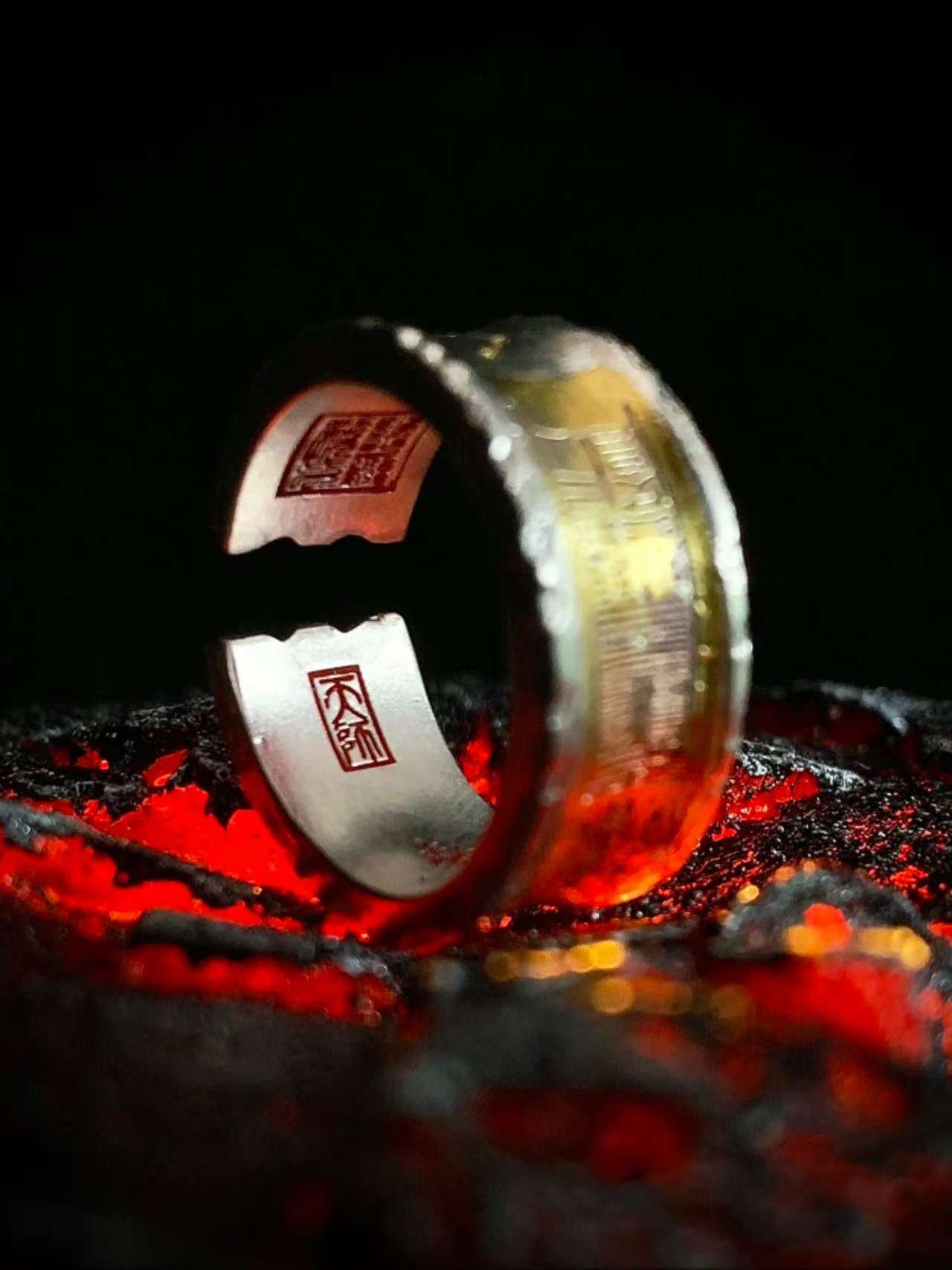 Wenchang Emperor 999 Silver Gilded Ring — ring showing a gold-colored panel and interior inscriptions