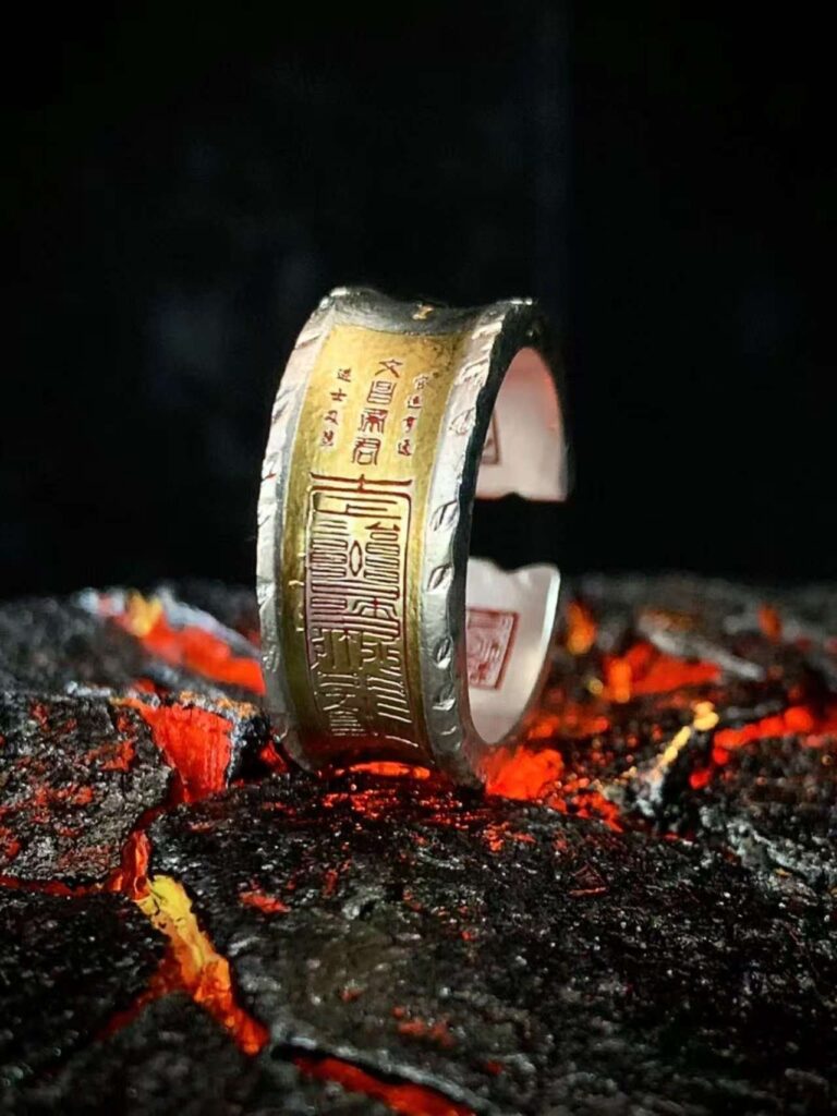 Wenchang Emperor 999 Silver Gilded Ring — ring showing its long decorated panel