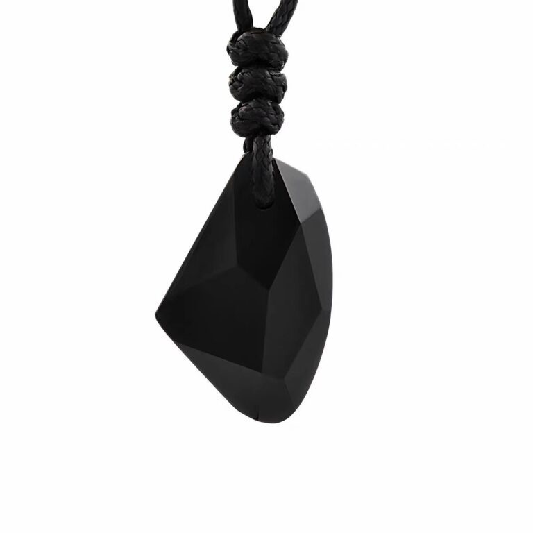 Wishful Shimmer Rainbow Eye Obsidian Pendant — black faceted pendant and knotted cord on a white background