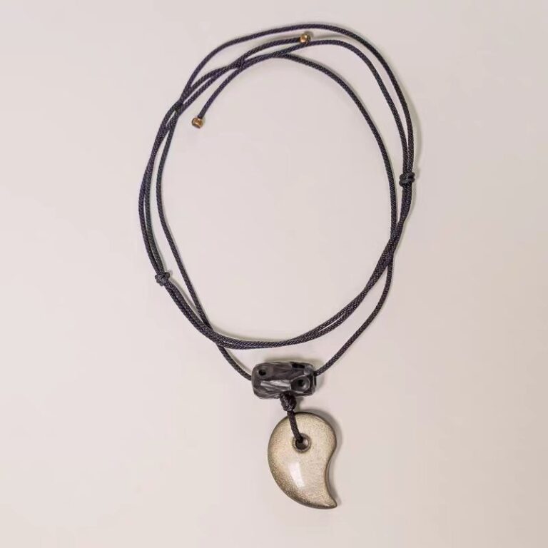 Full Xuan Yao half-moon gold sheen obsidian pendant necklace with carved ebony bead and adjustable black cord