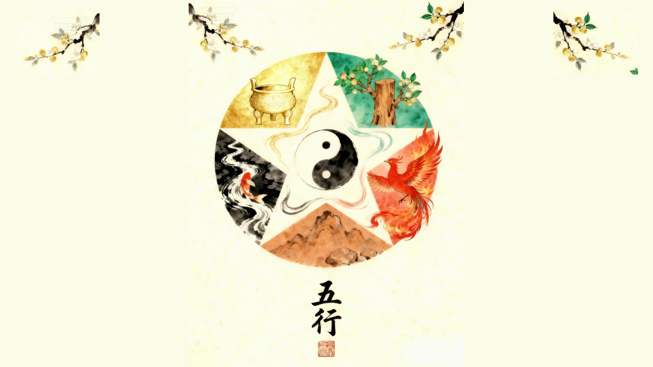 Illustrated Five Elements wheel surrounding a Yin-Yang symbol